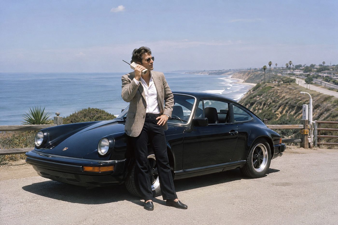 A man with a portable telephone beside a sports car on a coastal road