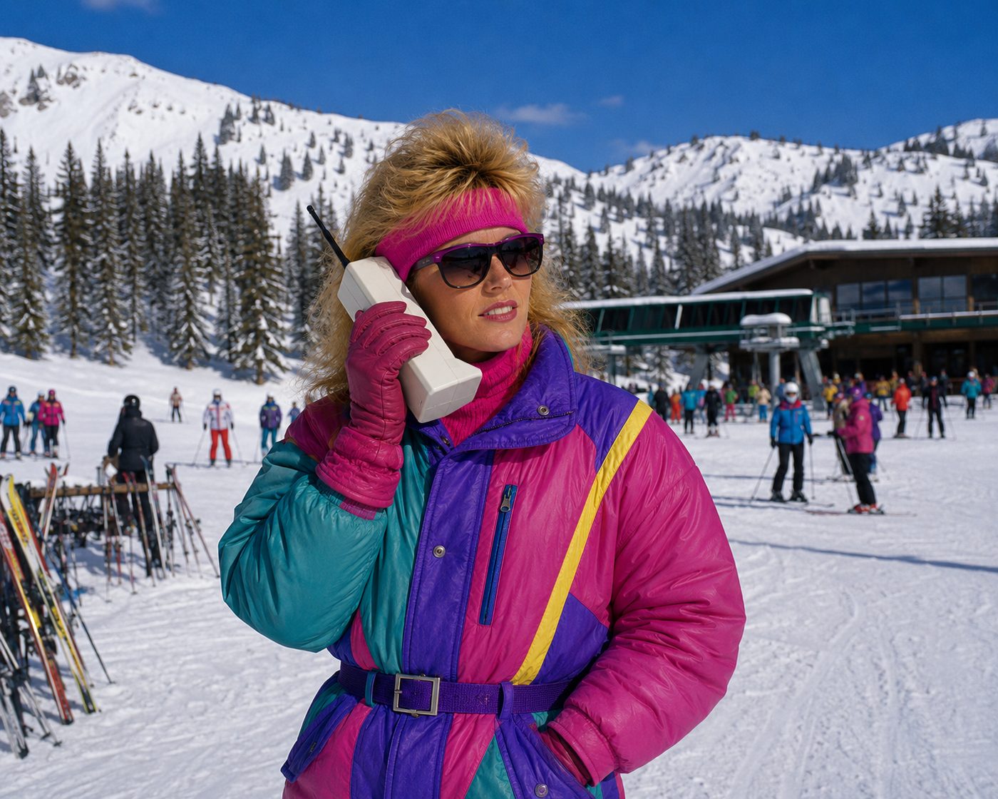 A woman in ski wear takes a call on a portable telephone at a mountain resort